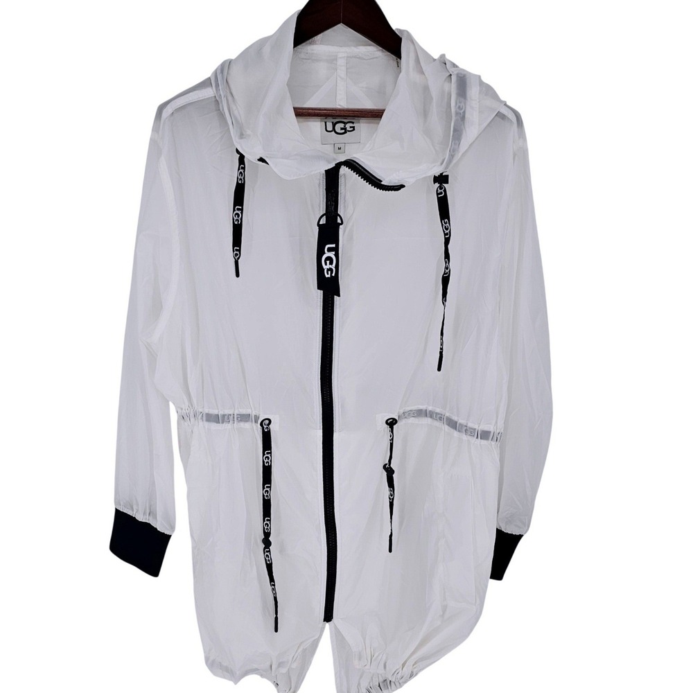 UGG Womens White Sheer Full Zip Hooded Windbreaker Jacket Logo Tape Size M